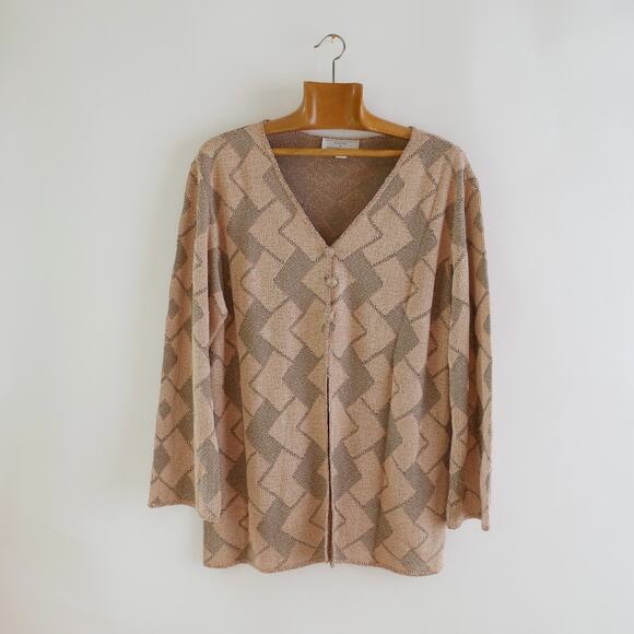 slinky knit blouse | funky y2k vintage chevron knit neutral collared L - Picture 14 of 16